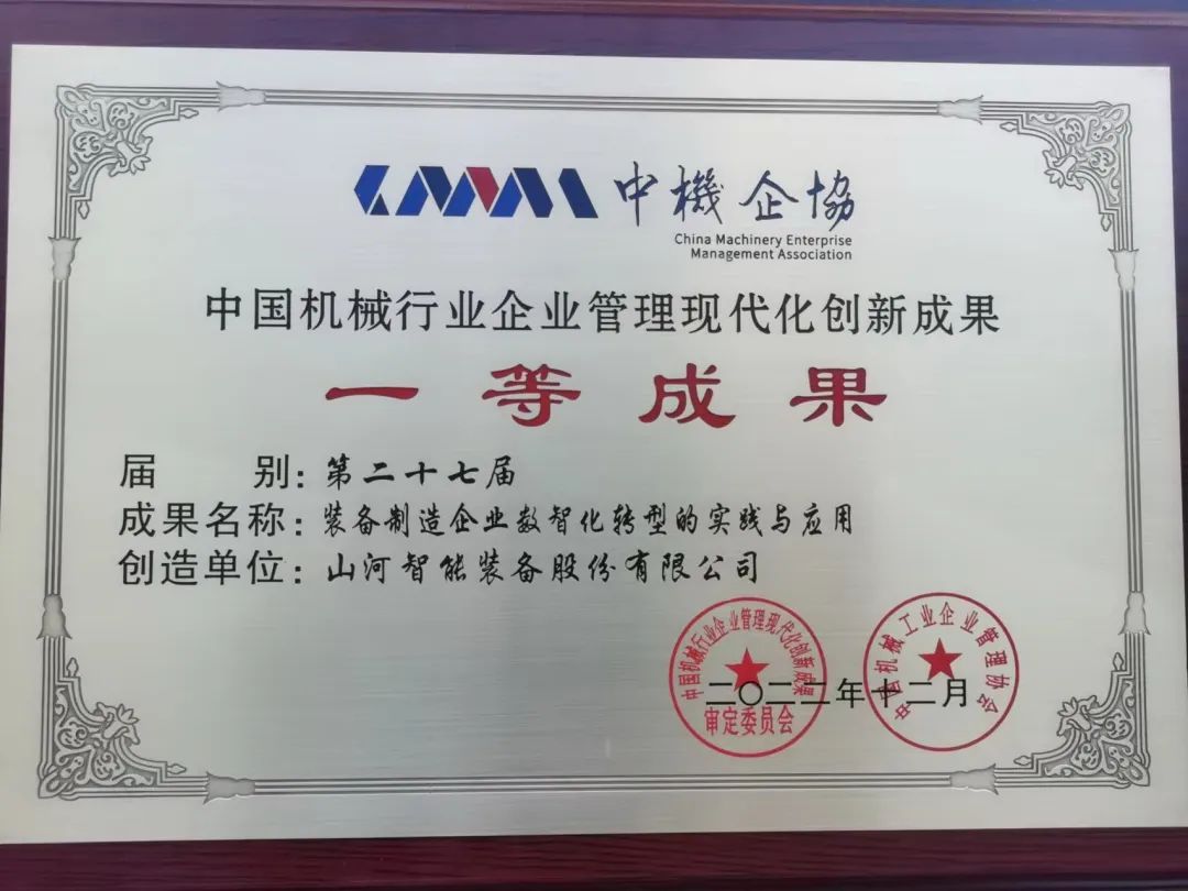 厉害!山河智能喜获第二十七届中国机械行业企业管理现代化创新成果一等奖